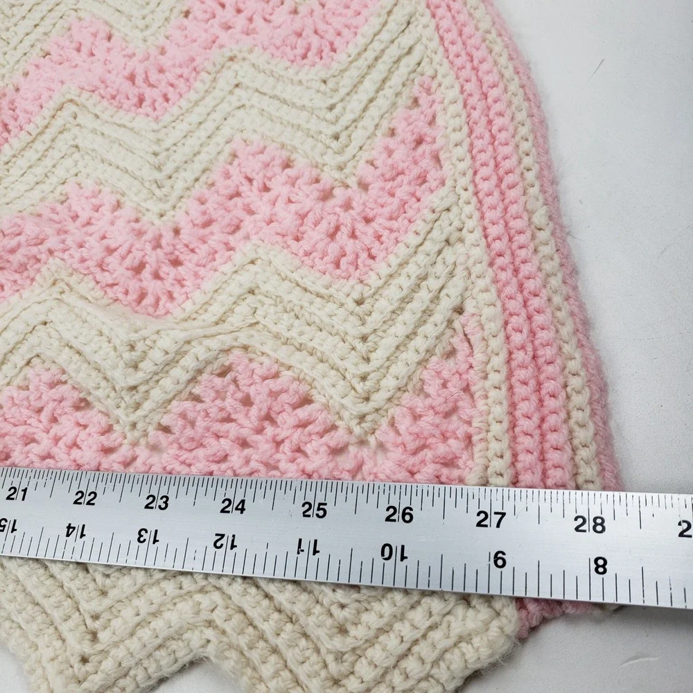 Handmade Crochet Baby Blanket Pink Cream Chevron Ripple Stitch Nursery Throw